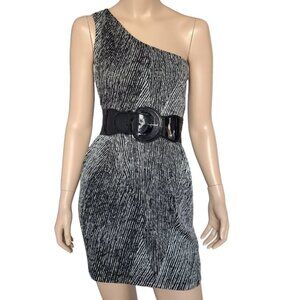 LOVELY DAY Black & White Stripe One Shoulder Belted Dress L